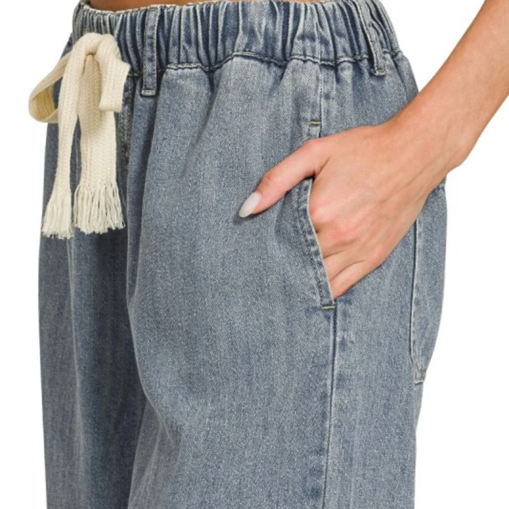 Zenana Wide Leg Denim Pants Drawstring Elastic Waist High Rise Medium NWT - Picture 5 of 13